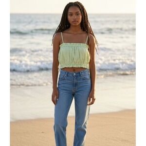 Maison Essentiele Gathered Cami Aloe Gel Green Cotton Linen Crop Top L NEW